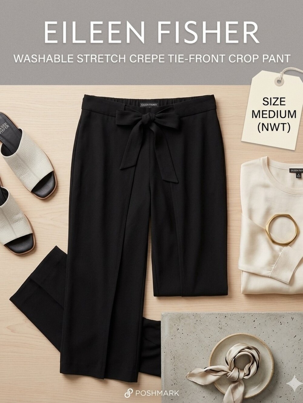 Eileen Fisher Black NWT Washable Stretch Crepe Tie-Front Crop Pants - Medium